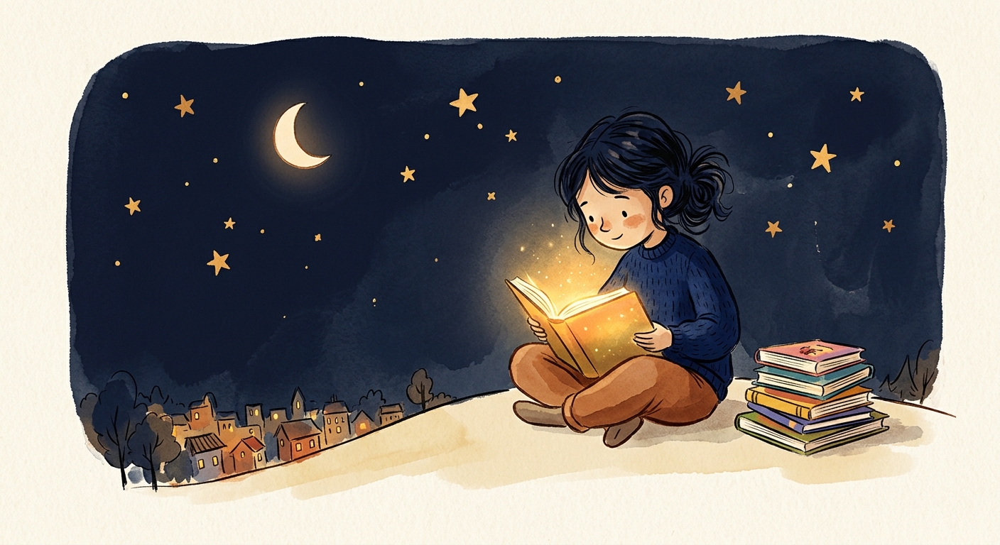 Niña sentada leyendo un libro bajo las estrellas, ilustración editorial